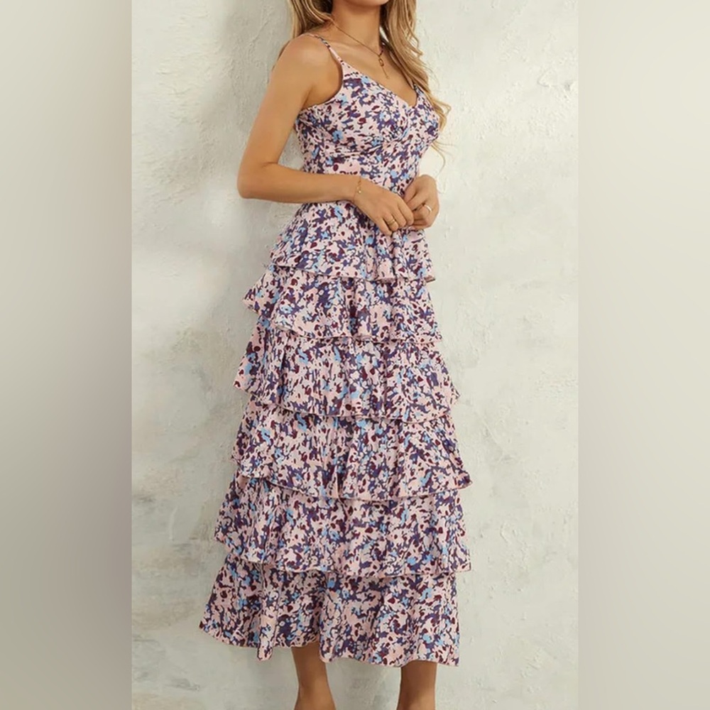 Pink and Blue Ruffled Tiered Maxi Dress
